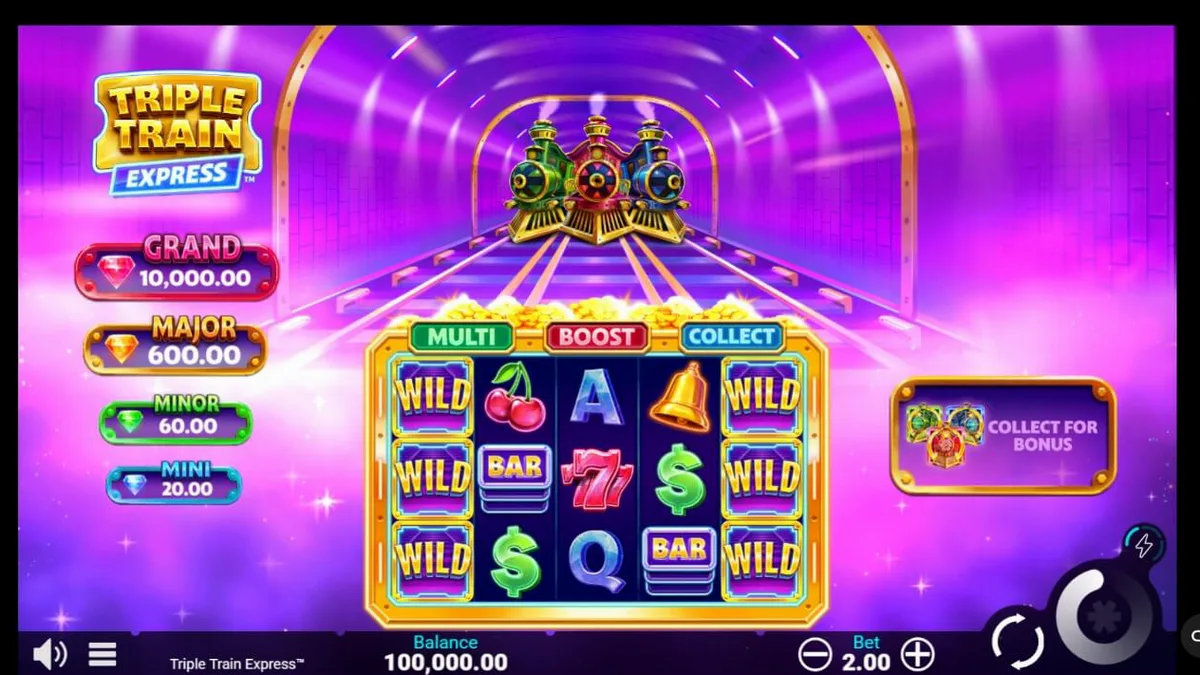 Locomotivas futuristas e luzes neon no slot Triple Train Express