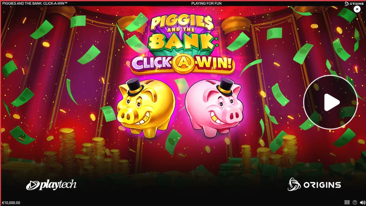 Interface do jogo Piggies and the Bank: Click-A-Win com um porquinho de cartola e moedas de bônus.