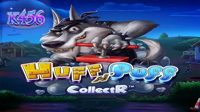 Tela de jogo do slot Huff N' Puff CollectR com porquinhos e elementos de construção